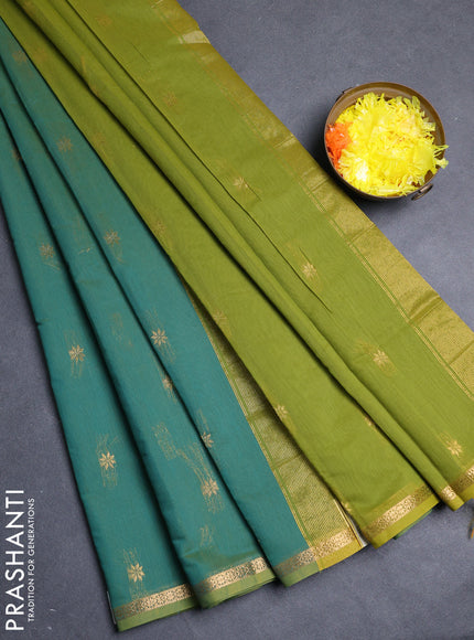 Semi maheswari cotton saree green and mustard yellow with allover zari woven buttas and small zari woven border