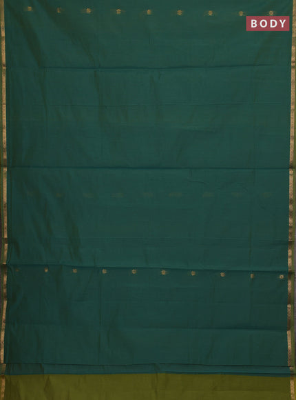 Semi maheswari cotton saree green and mustard yellow with allover zari woven buttas and small zari woven border
