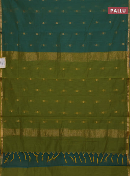 Semi maheswari cotton saree green and mustard yellow with allover zari woven buttas and small zari woven border