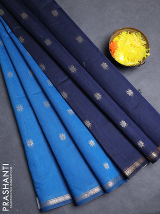 Semi maheswari cotton saree peacock blue and black with allover zari woven buttas and small zari woven border
