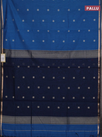 Semi maheswari cotton saree peacock blue and black with allover zari woven buttas and small zari woven border