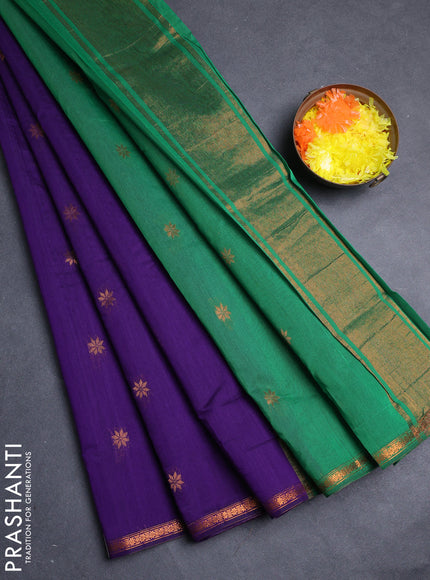 Semi maheswari cotton saree violet and green with allover copper zari woven buttas and small copper zari woven border