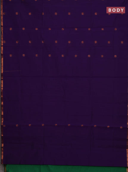 Semi maheswari cotton saree violet and green with allover copper zari woven buttas and small copper zari woven border
