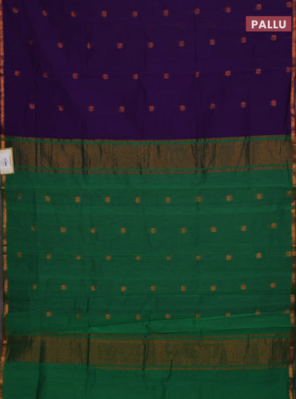 Semi maheswari cotton saree violet and green with allover copper zari woven buttas and small copper zari woven border