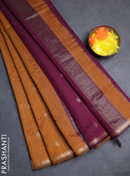 Semi maheswari cotton saree mustard yellow and deep wine shade with allover zari woven buttas and small zari woven border