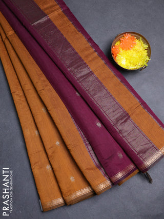 Semi maheswari cotton saree mustard yellow and deep wine shade with allover zari woven buttas and small zari woven border