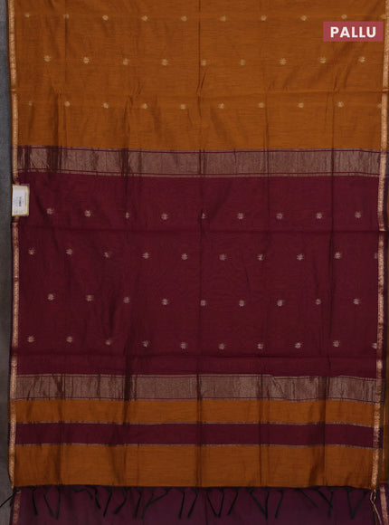 Semi maheswari cotton saree mustard yellow and deep wine shade with allover zari woven buttas and small zari woven border