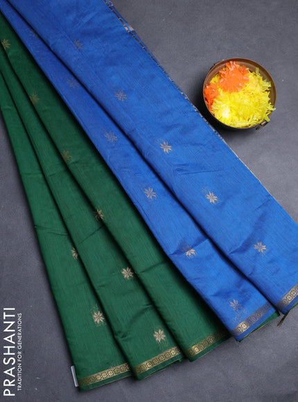 Semi maheswari cotton saree bottle green and blue with allover zari woven buttas and small zari woven border
