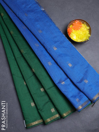 Semi maheswari cotton saree bottle green and blue with allover zari woven buttas and small zari woven border