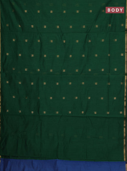 Semi maheswari cotton saree bottle green and blue with allover zari woven buttas and small zari woven border