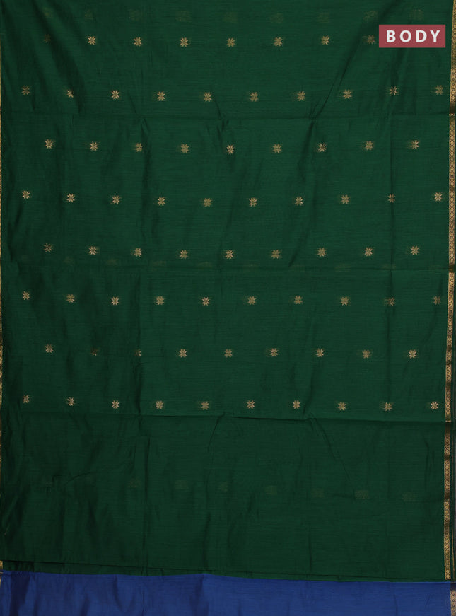 Semi maheswari cotton saree bottle green and blue with allover zari woven buttas and small zari woven border