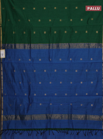Semi maheswari cotton saree bottle green and blue with allover zari woven buttas and small zari woven border