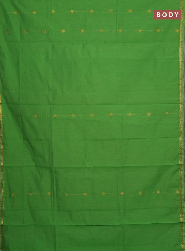 Semi maheswari cotton saree light green and pale yellow with allover zari woven buttas and small zari woven border