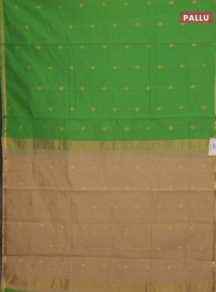 Semi maheswari cotton saree light green and pale yellow with allover zari woven buttas and small zari woven border