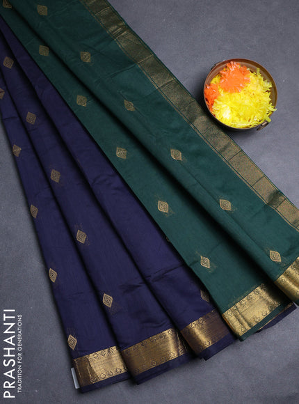 Semi maheswari cotton saree navy blue and bottle green with allover zari woven buttas and small zari woven border