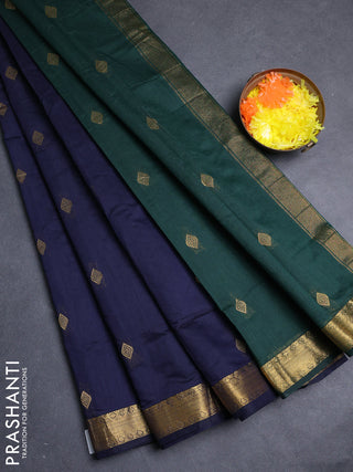 Semi maheswari cotton saree navy blue and bottle green with allover zari woven buttas and small zari woven border