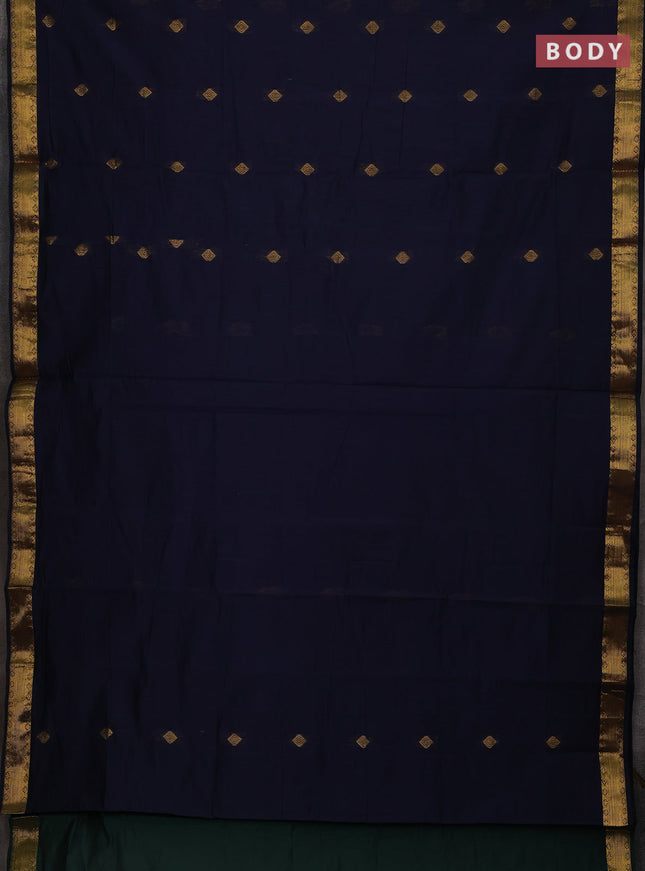 Semi maheswari cotton saree navy blue and bottle green with allover zari woven buttas and small zari woven border