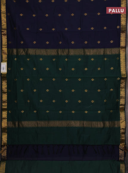 Semi maheswari cotton saree navy blue and bottle green with allover zari woven buttas and small zari woven border