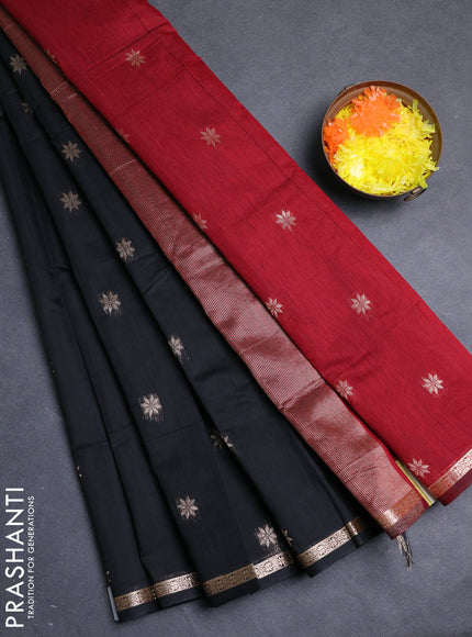 Semi maheswari cotton saree black and deep maroon with allover zari woven buttas and small zari woven border