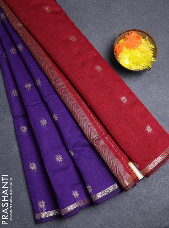 Semi maheswari cotton saree violet and deep maroon with allover zari woven buttas and small zari woven border