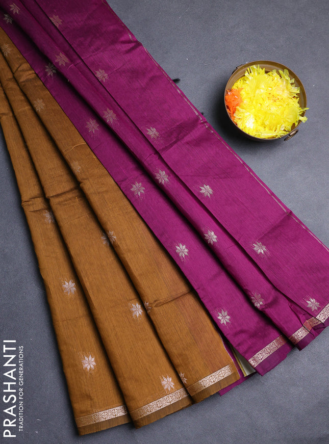 Semi maheswari cotton saree dark mustard and magenta pink with allover zari woven buttas and small zari woven border