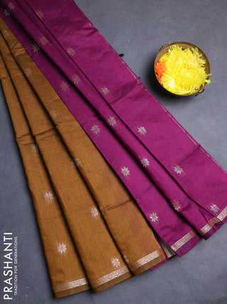 Semi maheswari cotton saree dark mustard and magenta pink with allover zari woven buttas and small zari woven border