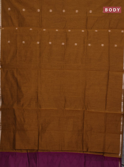 Semi maheswari cotton saree dark mustard and magenta pink with allover zari woven buttas and small zari woven border