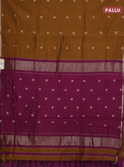 Semi maheswari cotton saree dark mustard and magenta pink with allover zari woven buttas and small zari woven border