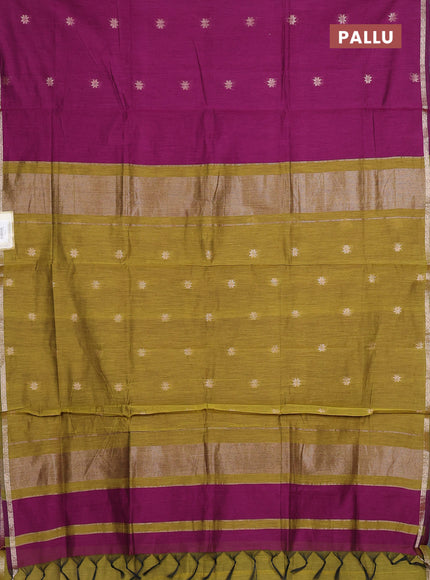 Semi maheswari cotton saree magenta pink and light green with allover zari woven buttas and small zari woven border