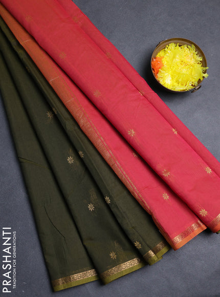 Semi maheswari cotton saree mehendi green and pink with allover zari woven buttas and small zari woven border