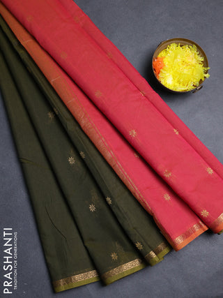 Semi maheswari cotton saree mehendi green and pink with allover zari woven buttas and small zari woven border