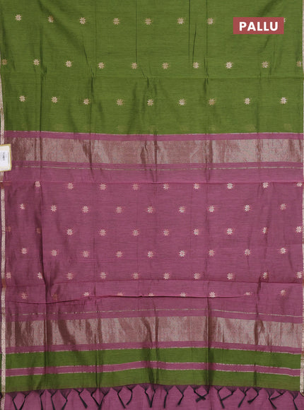 Semi maheswari cotton saree light green and mauve pink with allover zari woven buttas and small zari woven border