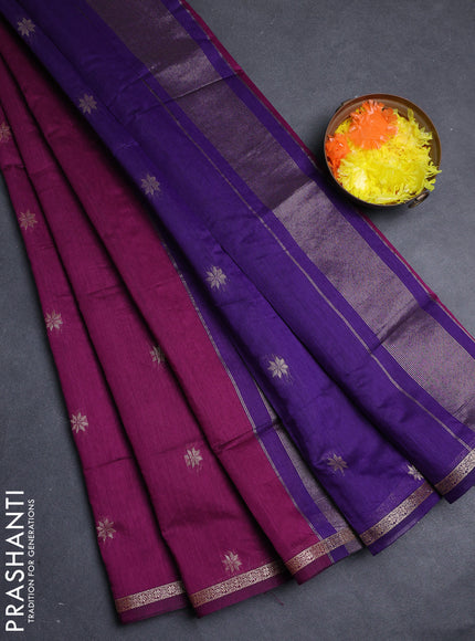 Semi maheswari cotton saree magenta pink and violet with allover zari woven buttas and small zari woven border