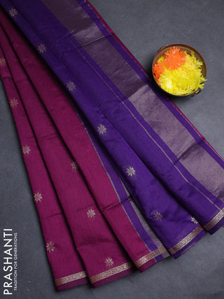 Semi maheswari cotton saree magenta pink and violet with allover zari woven buttas and small zari woven border