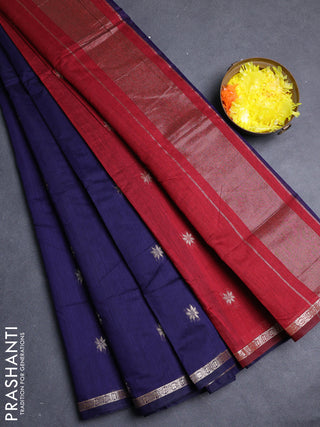 Semi maheswari cotton saree navy blue and deep maroon with allover zari woven buttas and small zari woven border