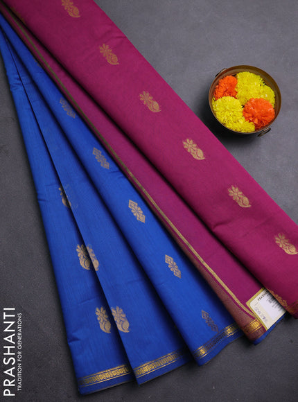Semi maheswari cotton saree cs blue and magenta pink with allover zari woven buttas and small zari woven border
