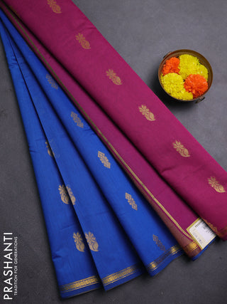 Semi maheswari cotton saree cs blue and magenta pink with allover zari woven buttas and small zari woven border