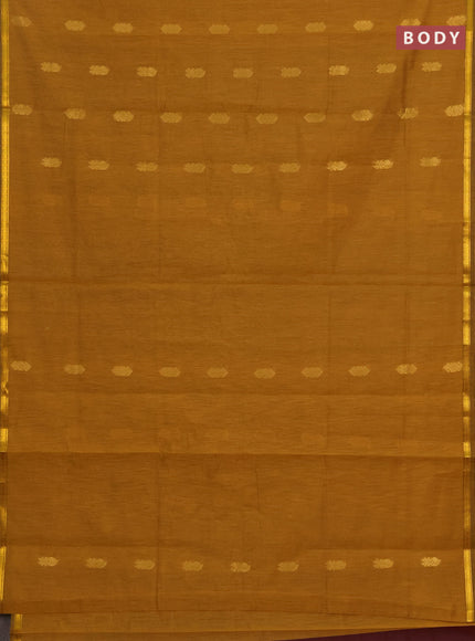 Semi maheswari cotton saree dark mustard and deep wine with allover zari woven buttas and small zari woven border