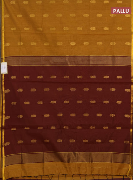 Semi maheswari cotton saree dark mustard and deep wine with allover zari woven buttas and small zari woven border