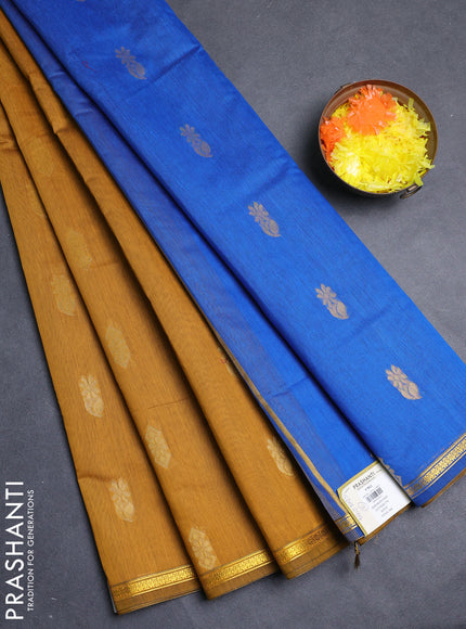 Semi maheswari cotton saree dark mustard and blue with allover zari woven buttas and small zari woven border