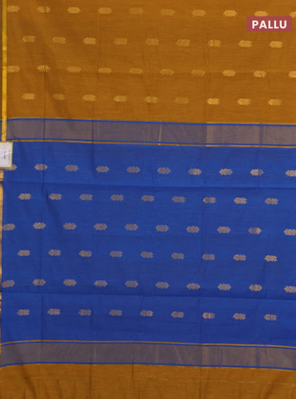 Semi maheswari cotton saree dark mustard and blue with allover zari woven buttas and small zari woven border