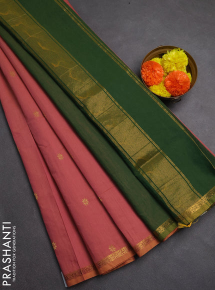 Semi maheswari cotton saree dark peach and green with zari woven buttas and zari woven border