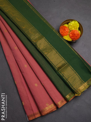 Semi maheswari cotton saree dark peach and green with zari woven buttas and zari woven border