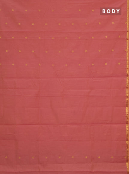 Semi maheswari cotton saree dark peach and green with zari woven buttas and zari woven border