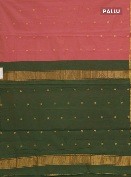 Semi maheswari cotton saree dark peach and green with zari woven buttas and zari woven border