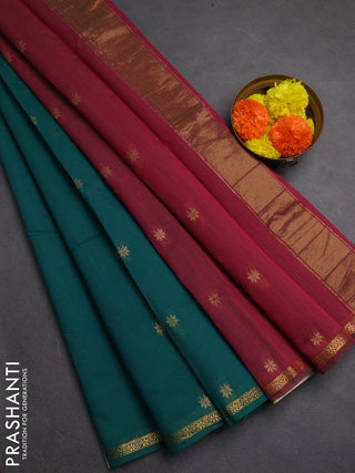 Semi maheswari cotton saree teal green and dark magenta pink with zari woven buttas and zari woven border