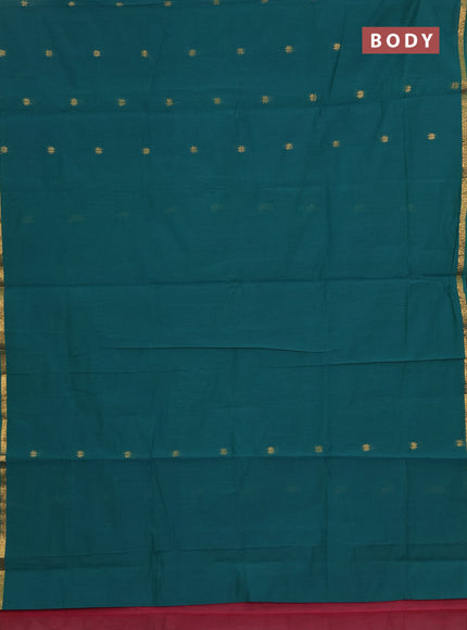 Semi maheswari cotton saree teal green and dark magenta pink with zari woven buttas and zari woven border
