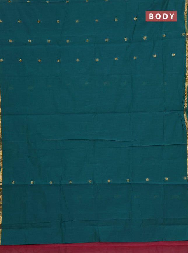 Semi maheswari cotton saree teal green and dark magenta pink with zari woven buttas and zari woven border
