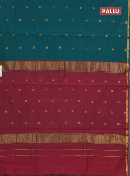 Semi maheswari cotton saree teal green and dark magenta pink with zari woven buttas and zari woven border