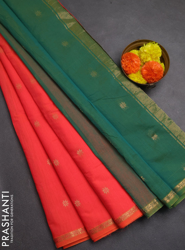 Semi maheswari cotton saree pinksh orange and green with zari woven buttas and zari woven border